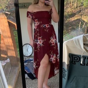 off the shoulder high-low floral dress